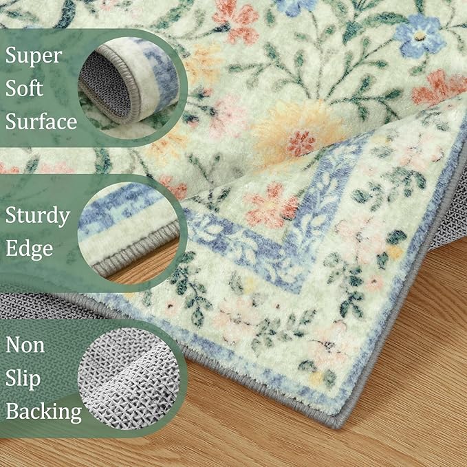 Morebes Boho Light Green Large Area Rugs for Bedroom, Floral Washable Area Rugs 9x12 Living Room Non Slip, Soft Thin Distressed Carpet for Nursery Girls Home Dinning Room Kids Playroom
