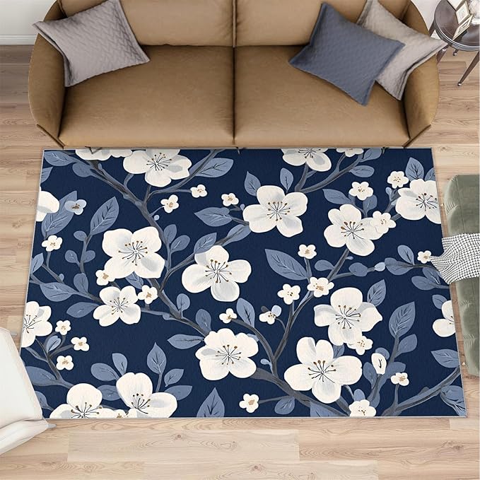 Boho Rugs for Bedroom - 5x8 Area Rug - Blue White Flowers Rugs for Living Room, Vintage Modern Flowers Rug, Washable Home Decor Carpet