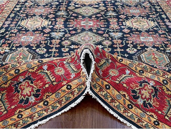Carbon Black with Turkey Red Karjihooz Design with All Over Pattern Vegetable Dyes Pure Wool Soft Pile Hand Knotted Oriental Rug (9'x12')