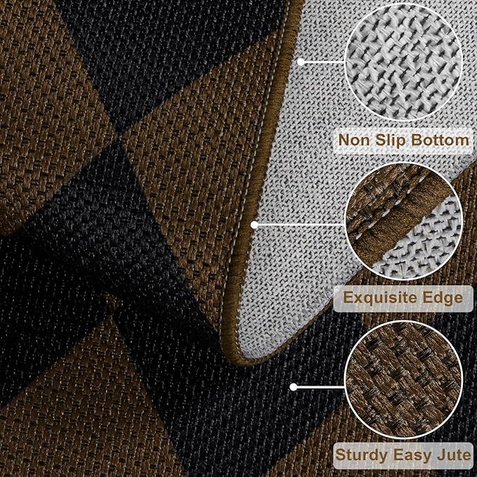 Easy Jute Checkered Runner Rug, 2.6x8 Coffee Modern Washable Rugs Runner for Hallway Non-Slip Kitchen Runner Rug, Geometric Diamond Indoor Outdoor Carpet for Porch Laundry Entryway