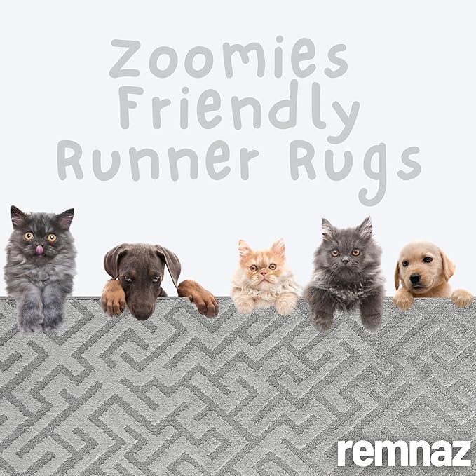 21ft Runner Rug by Custom Size - Deco Grey | Non-Slip Rubber Backed | Washable & Pet Friendly | Edge Bound