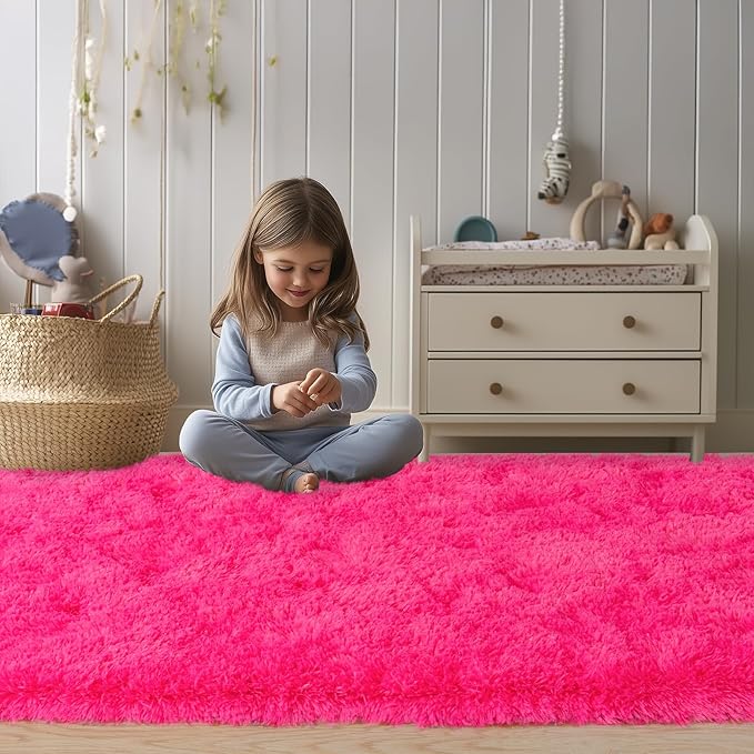 Soft Fluffy Area Rug for Bedroom, Hot Pink Fuzzy Shaggy Oval Throw Rugs for Bedside, Non-Slip Cozy Plush Shag Carpet for Girls Kids Room Nursery Dorm Living Room, 2.6 x 5.3 Feet