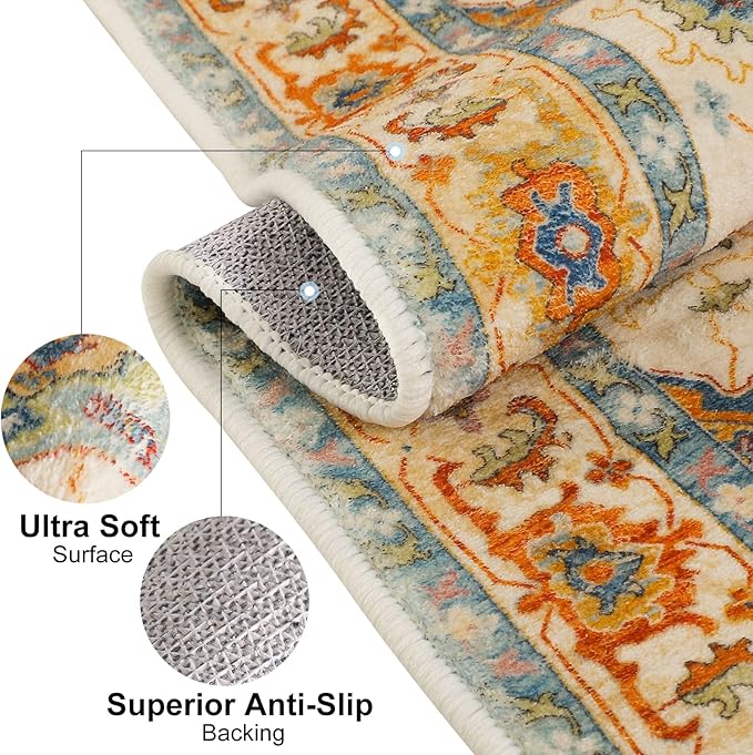 COMSLE Boho Area Rug, 2 x 3 Ft Washable Small Rugs for Entryway Faux Wool Distressed Non-Slip Floor Carpet Indoor Door Mat for Bedroom Kitchen Living Room