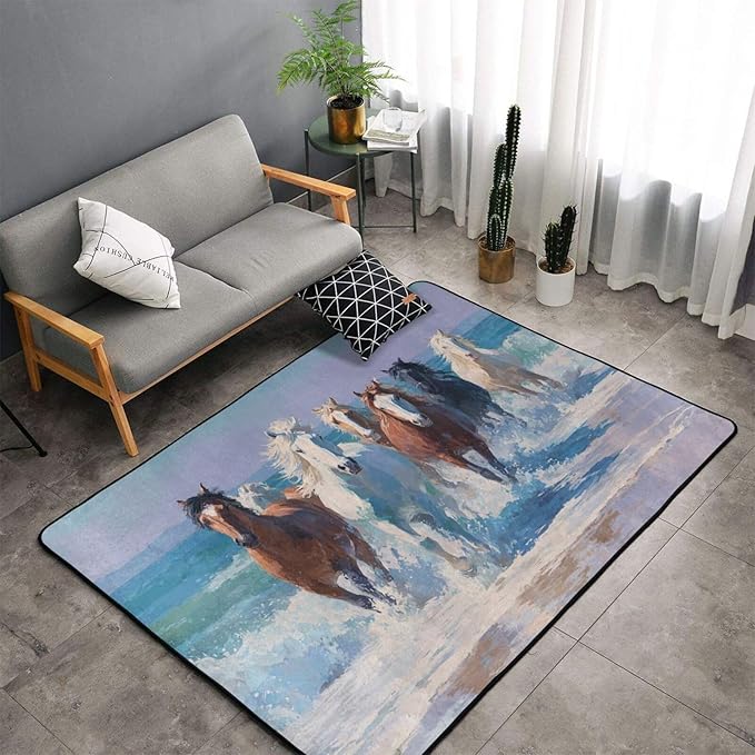 Horse Run Gallop in Waves Ocean Area Rug Washable Outdoor Rugs Anti-Slip Soft Carpet Entryway Indoor Door Mat for Bedroom,Living Room,Porch,Terrace and Entrance Decor 2'x 1'