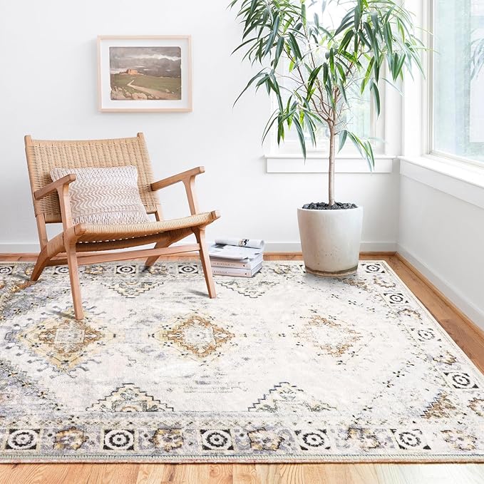 COMSLE Area Rug 4x6 Faux Wool Rugs for Kitchen, Boho Washable Throw Rugs Non-Slip Distressed Carpet Soft Accent Floor Rug for Bedroom, Living Room, Laundry Room (Khaki)