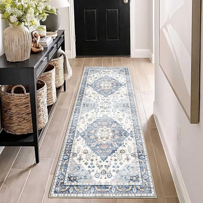 Enkor Runner Rugs for Hallway, 2x6 Washable Soft Non Slip Floor Rugs for Kitchen, Modern Mat for Living Room Bedroom Entryway Blue & White