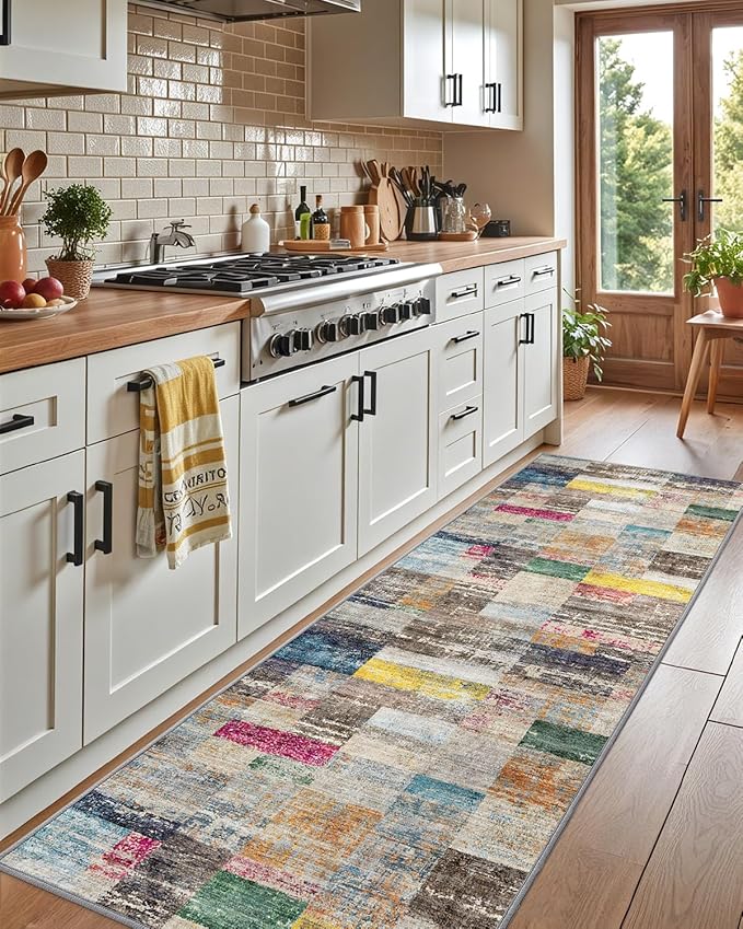 LUMI Washable Runner Rug, 3'x8' Non-Slip Hallway Mat, Low Profile Thin Long Carpeet for Laundry Kitchen Bedroom Office, Multicolor