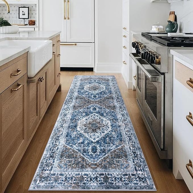 KOZYFLY Runners for Hallways 2.6x8 Ft Washable Kitchen Runner Rug Boho Runner Rug for Entryway Indoor Blue Printed Oriental Faux Wool Floor Carpet Runner for Bedroom Kitchen Hall