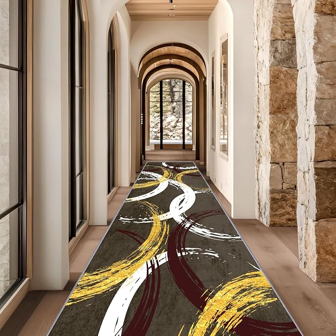 Gold White Red Circle Pattern Runner Rug, 1.3x7ft Washable Hallway Entrance Rugs - Corridor & Foyer Long Accent Rug, Modern Stylish Decor Carpet for Home Runner Non-Slip Mat