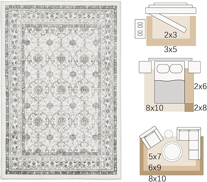 jinchan Floral 2x3 Rugs for Entryway - Machine Washable Beige Vintage Distressed Boho Design Soft Faux Wool Small Non-Slip Doormat for Entrance Kitchen Living Room Bedroom Farmhouse (2‘x3', Beige)