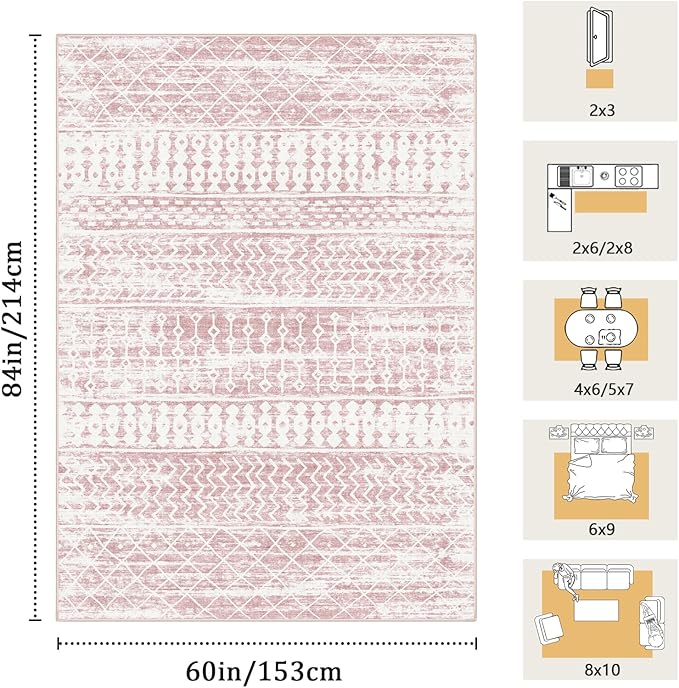 5x7 Machine Washable Area Rug for Living Room, Pink Vintage Moroccan Rug Large Non-Slip Low Pile Soft Faux Wool Carpet, Kids and Pets Friendly for Bedroom Dining Room Farmhouse Home Decor Rug