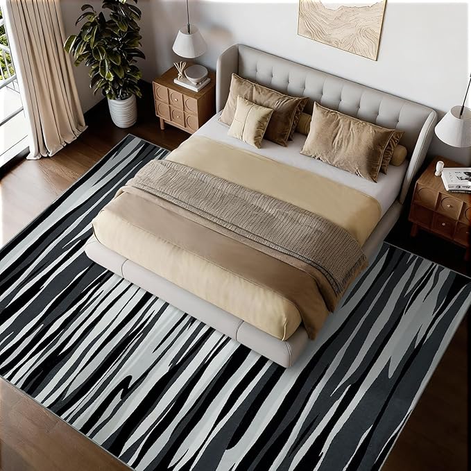 YIHOUSE 6×9 Ft Area Rugs for Living Room: Modern Abstract Black Grey and White Rug - Nonslip Washable Striped Rug for Bedroom Dining Room Office Playroom Nursery Home Decor