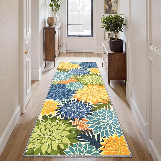 Colorful 2x6 Washable Runner Rug for Hallway Tropical Botanical Modern Floral Chenille Kitchen Rugs Low Pile Non Slip Carpet for Patio, Bedroom, Laundry, Green