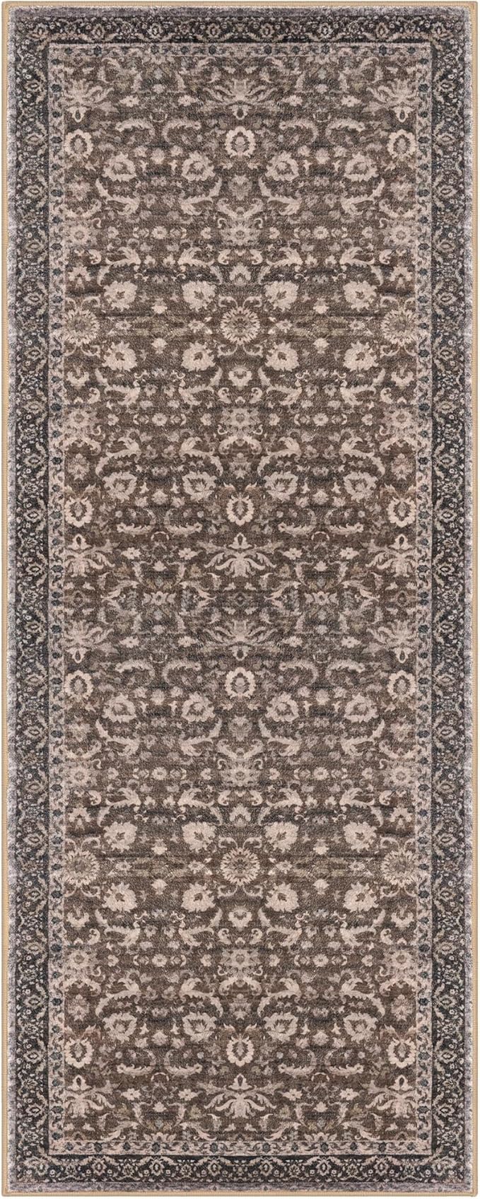 Vintage Floral 2x5 Runner, Mocha Brown Washable Hallway Runner, Non-Slip Kitchen Runner, Super Soft Thin Printed Faux Wool Carpet for Entryway, Front Door, Backdoor Bedside