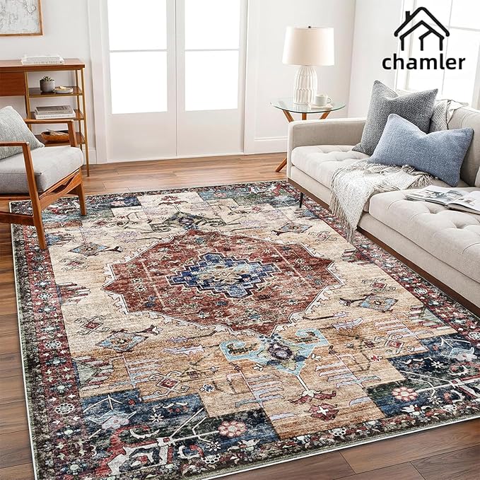 9x12 Washable Area Rug Boho Chic Medallion Distressed Design Non-Shedding Easy Care Ideal for High Traffic Areas in Rugs for Living Room Bedroom Office Coffee Table Large Carpet