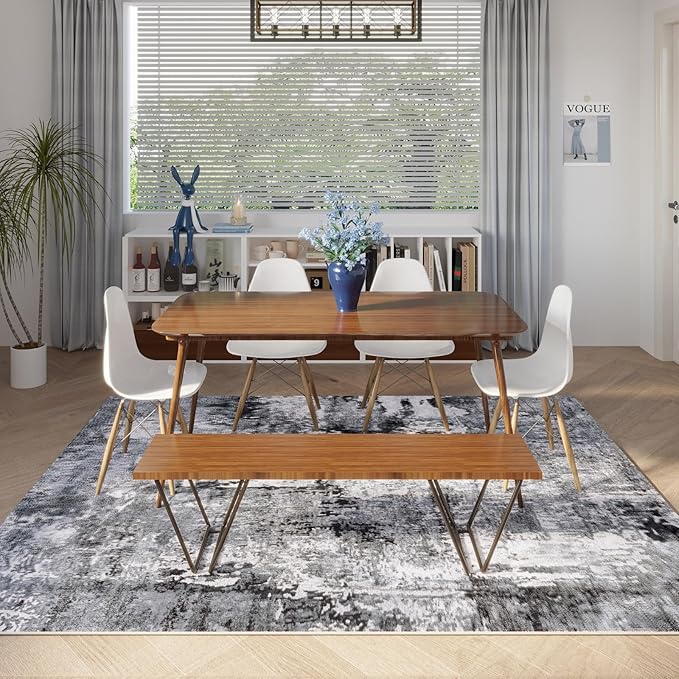 Rugcomf 9x12 Washable Boho Rug - Soft, Non-Slip, Non-Shedding Faux Wool Vintage Rug for Living Room, Dining Room, Kids Playroom, Indoor - Grey and Black