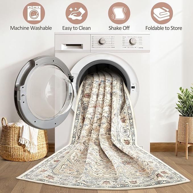 7x9 Area Rug Living Room: Washable Boho Large Neutral Vintage Soft Rugs Stain Resistant Farmhouse Non Slip Indoor Floor Carpet for Bedroom Nursery Kids Playroom Office Dining Room- Cream Blue