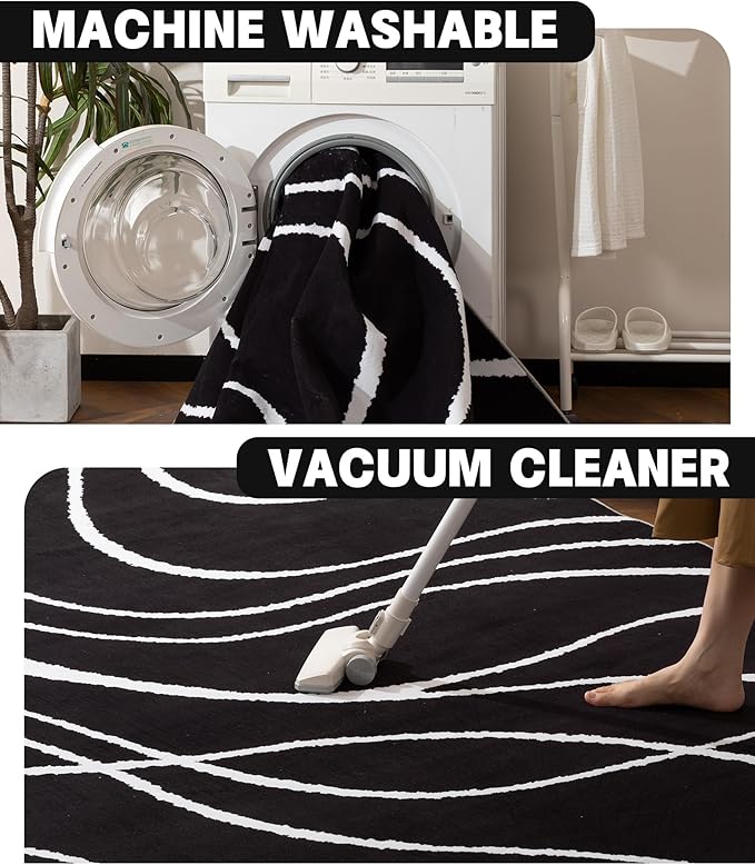 YIHOUSE Black Modern Area Rugs 8x10,Large Black and White Washable Rug for Living Room,Thin Abstract Geometric Rug,Minimalist Striped Rugs 8x10 for Bedroom,Office