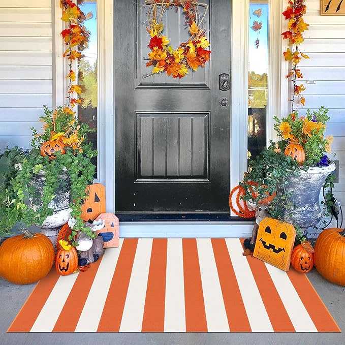 KOZYFLY Striped Rug 3x5 Ft Orange and White Halloween Fall Front Door Rug Hand Woven Area Rugs Washable Outdoor Doormats Indoor Entrance Mat for Front Porch Kitchen Entryway Patio Holiday