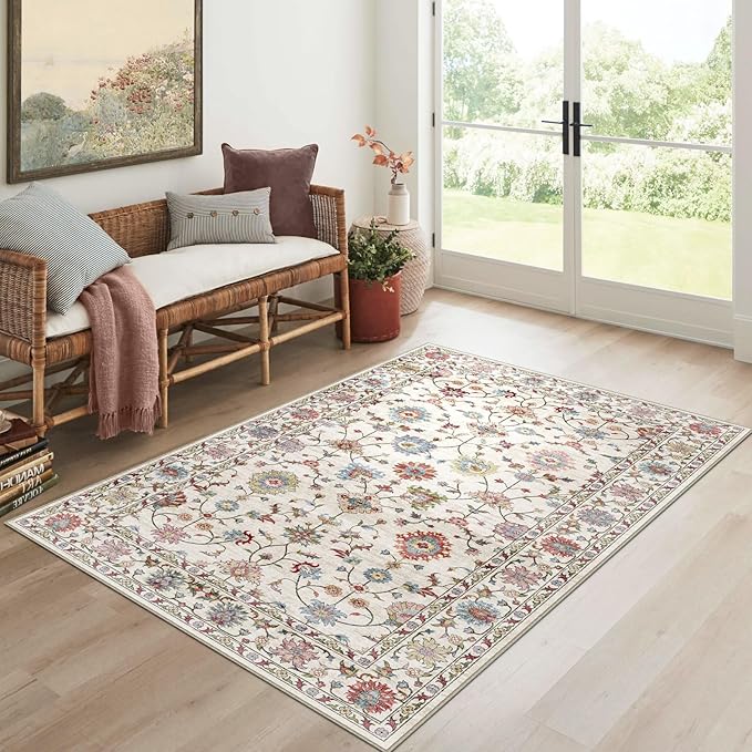 3x5 Washable Area Rug - Small Entryway Rug Non-Slip Cream Colorful Vintage Traditional Floral Kitchen Rugs Low Pile Boho Carpet Throw Rugs for Living Room Bedroom Bathroom Entrance Dorm Office