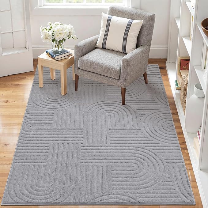 SHACOS Soft Cozy Fluffy Arch Pattern High Low Pile Rugs 3'x5' Non Slip Washable Scandinavian Minimalist Rug Modern Geometric Arc Carpet for Living Room Bedroom Dining Room, Light Grey