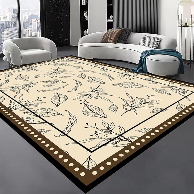 Medieval French Style Area Rugs 4x6ft, Off-White Botanical Leaf Pattern Rug, Low Pile Carpet, Washable & Non-Slip for Living Room, Bedroom, Dining Room, Dorm