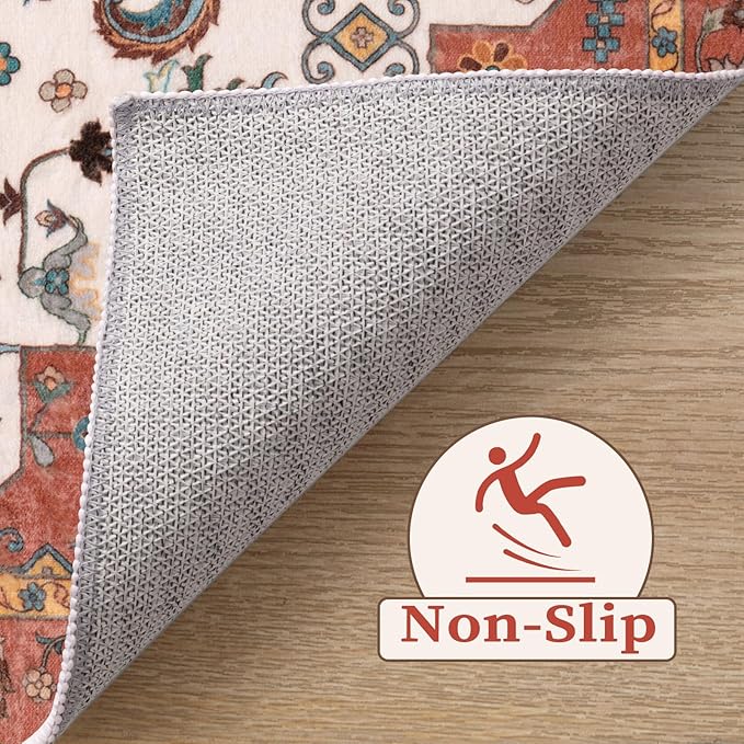 SERISSA Boho Area Rug 5x7 Orange, Washable Large Rugs for Living Room, Ultra Soft Non-Slip Bedroom Rug Print Distressed Vintage Tribal Farmhouse Carpet Rug for Dining Room Dorm Office Home Decor