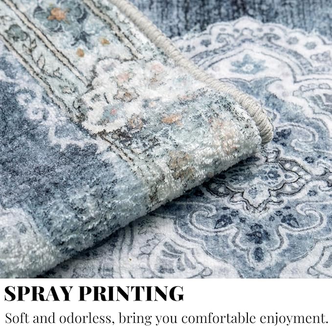 MUJOO Hallway Runner Rug 2'x8' Blue Grey Long Rug Runners Boho Machine Washable Non Slip Carpet for Entryway Kitchen Bathroom Bedside Retro Soft Low-Pile Blossom