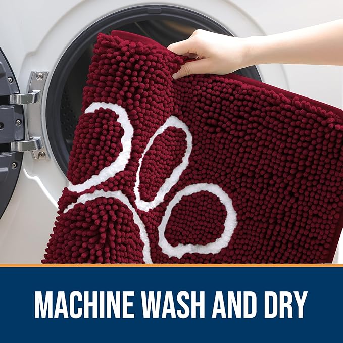 OLANLY Dog Door Mat for Muddy Paws 70x24, Paw Print Design, Absorbs Moisture and Dirt, Absorbent Non-Slip Washable Doormat, Quick Dry Chenille Mud Mat for Dogs, Entry Indoor Entryway Carpet, Burgundy