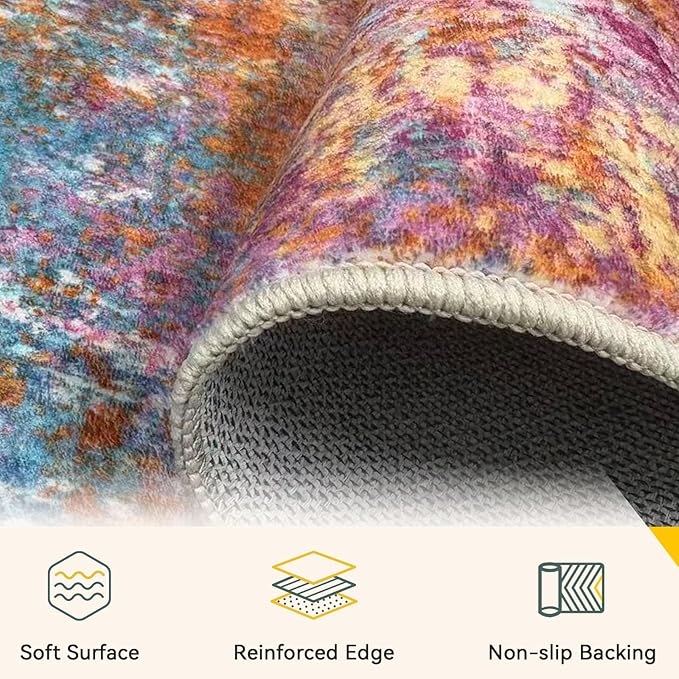 Washable Area Rugs 8'x10' Non-Slip Modern Abstract Soft for Living Room Entryway Bedroom Nursery, Print Pattern, Orange Blue Pink Yellow Colorful