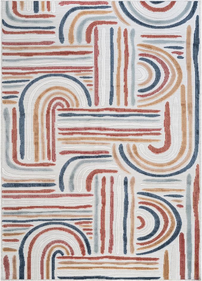 CAMILSON Indoor Outdoor Rug, Multicolor 8x10 Geometric Arch Striped Area Rugs for Patio and Home Areas, Easy-Cleaning Non-Shedding Living Room, Garden and Deck Washable Outside Carpet (8 x 10)