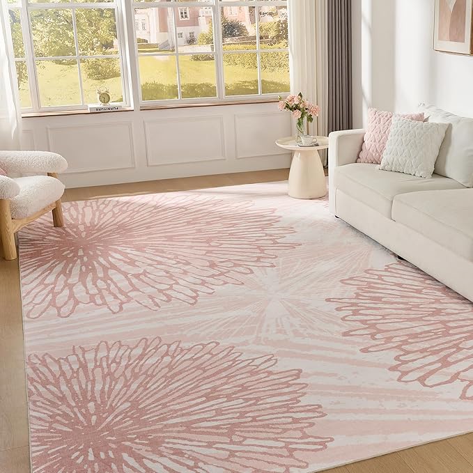 WITSHOCK Pink Rugs 12x14 for Bedroom Girls,Floral Modern Distress Print Pattern Carpet for Living Room Dining Room,Stain Resistant Anti Slip Backing Rugs for Kids Room Nursery Playroom,Light Pink