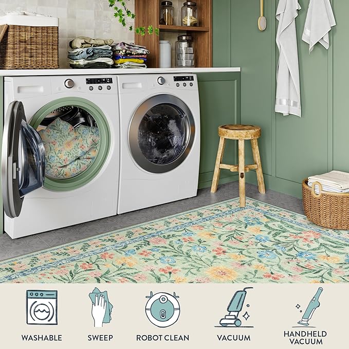 Lahome Washable Runner Rug 2x6, Boho Bathroom Rug Runner, Vintage Floral Soft Thin Indoor Throw Carpet for Entryway Bedroom Hallway Bath Laundry Room, Green/Multi