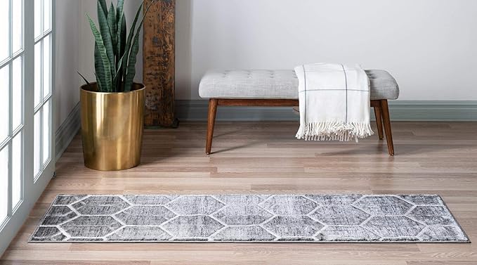 Rugs.com Lattice Trellis Collection Rug – 10 Ft Runner Gray Low-Pile Rug Perfect for Hallways, Entryways