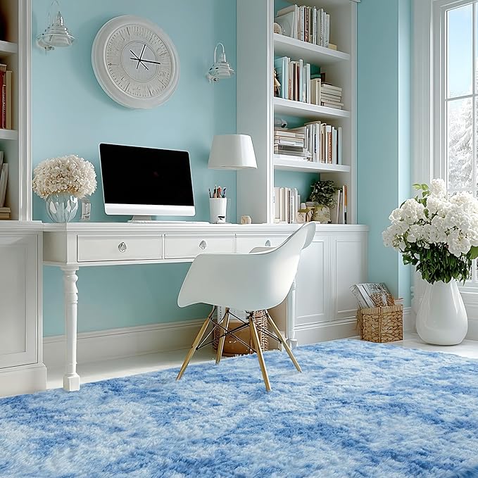 Andency Soft Area Rugs for Living Room Bedroom, 5x8 Fluffy Shaggy Bedside Rug, Non-Slip Large Shag Fuzzy Plush Carpets for Bedroom Kids Dorm Nursery Home Decor Aesthetic, Tie-Dyed Blue