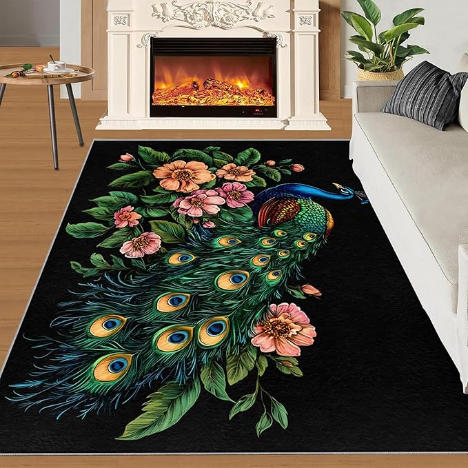 Peacock Peony Rugs for Bedroom - 6x8 Rug, Classic Peacock Peony Area Rugs for Living Room, Teal Turquoise Carpet, Floral Plant Washable Area Mat, Aesthetics Carpet - Peafowl Home Decor & Gifts