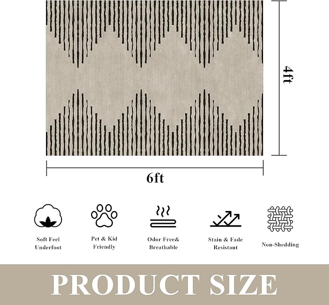 HelloTree Area Rug 4x6 Geometric Rug,Washable Modern Neutral Stain Resistant Indoor Carpet Boho Living Room Moroccan Rugs Fluffy Rug for Living Room Bedside Room Decor for Family-Cream