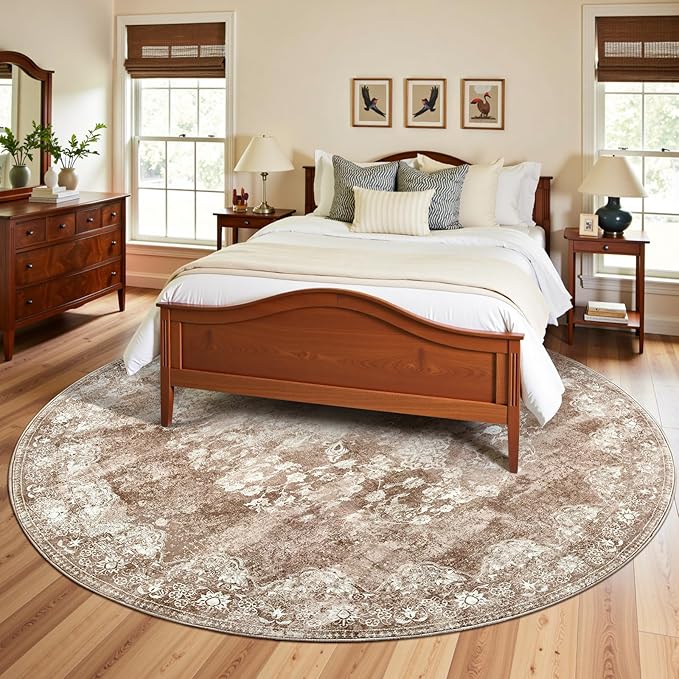 jinchan Round Rug 8ft Area Rug - Brown Vintage Floor Mat Kitchen Indoor - Washable Circle 8' Thin Floral Print Carpet Retro Farmhouse Non Slip Dining Room Living Room Bedroom Office