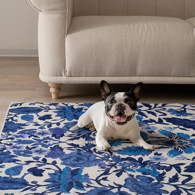 EVERGRACE Area Rugs for Living Room 8x10, Boho Floral Faux Wool Indoor Outdoor Rugs, Washable Rugs for Bedroom Dining Room Entryway Kitchen, Low Pile Floor Mat Carpet for Home Decor, Celtic Blue
