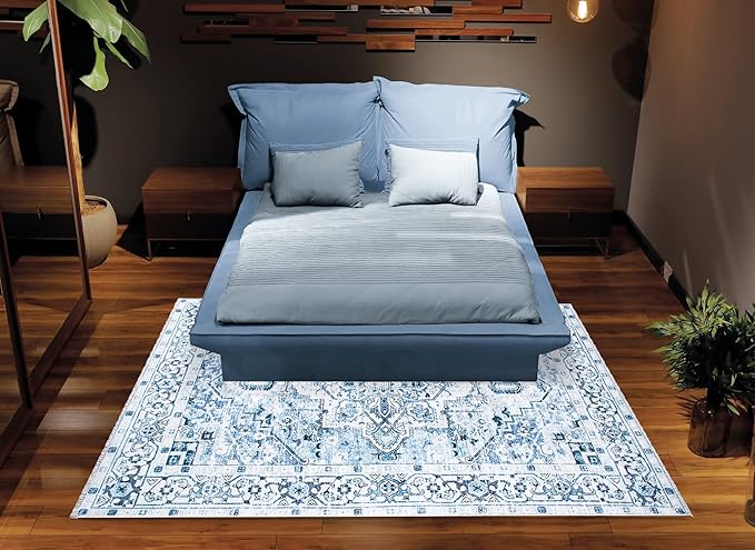 Bloom Rugs Caria Washable Non-Slip 5x7 Rug - Blue Traditional Area Rug for Living Room, Bedroom, Dining Room, and Kitchen - Exact Size: 5' x 7'