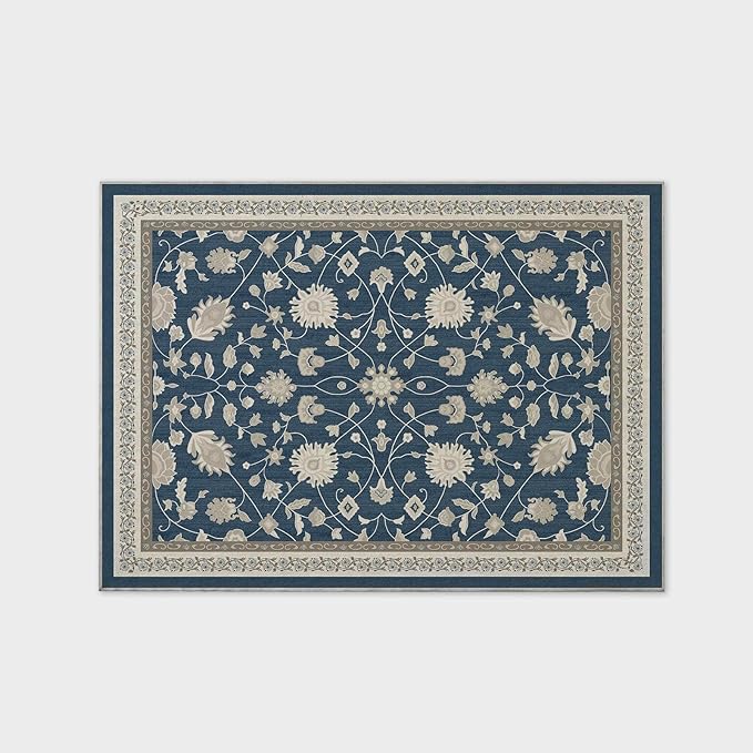 EVERGRACE Area Rugs for Living Room 5x7, Boho Floral Faux Wool Indoor Outdoor Rugs, Washable Rugs for Bedroom Dining Room Entryway Kitchen, Low Pile Floor Mat Carpet for Home Decor, Navy Blue
