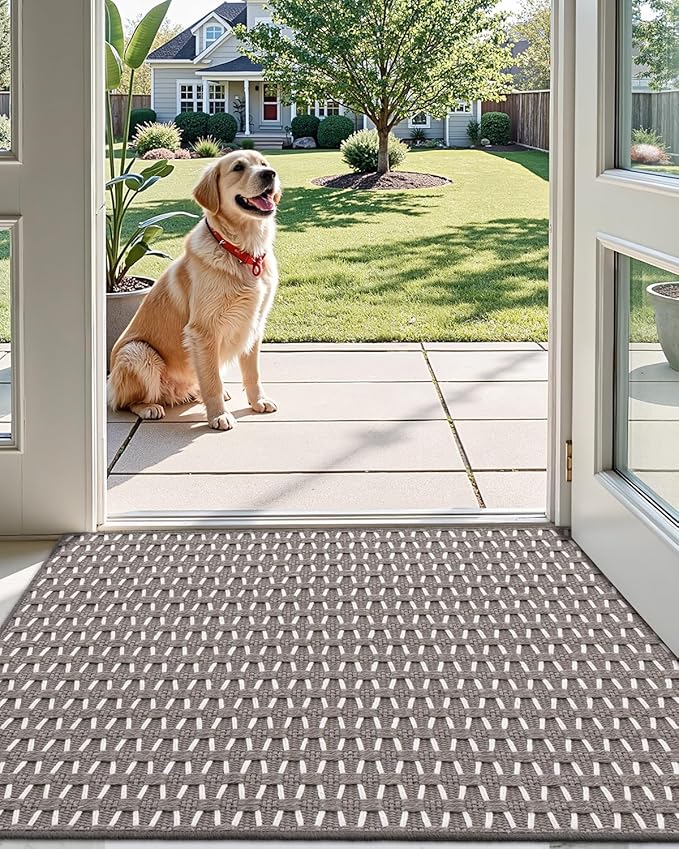 LUMI Handwoven Indoor Door Mat 17"x30", Non-Slip Low Profile Checkered Inside Doormat, Comfort Weave Grid Pattern Floor Mats, Taupe