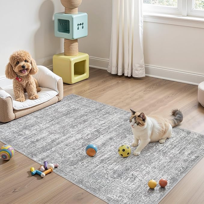 Washable Area Rug: 3x5 ft Abstract Small Rugs for Entryway Kitchen Living Room Bedroom - Non Slip Modern Neutral Carpet Indoor Front Door - Vintage Grey