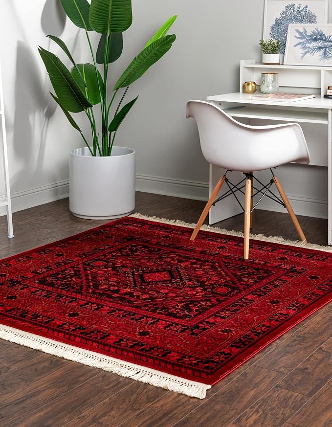 Unique Loom Tekke Collection Area Rug - Sheibani (7' 10" Square, Red/ Black)