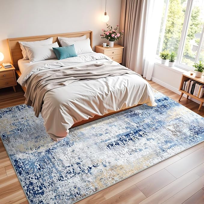 Washable Abstract Rug, 3x5 Modern Area Rugs with Non-Slip Rubber Backed for Bedroom, Thin but Soft Contemporary Carpet Kitchen Living Room Decor, Midnight Blue