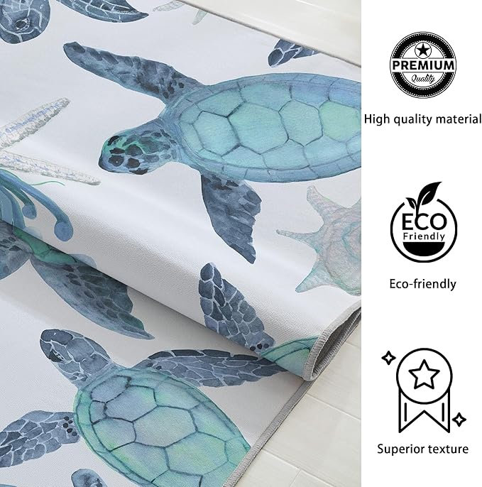 Tritard Coastal Sea Turtles Area Rugs Beach Themed Nautical Starfish Coral Accent Rugs Non-Slip Sea Marine Life Rugs Floor Carpet for Living Room Bedroom, Teal, 5x7 Feet