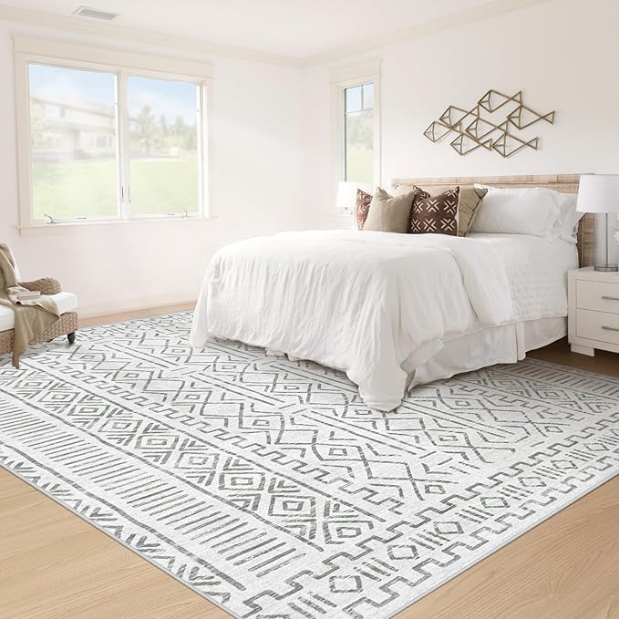 5x7 Area Rug Living Room: Washable Boho Geometric Moroccan Rug Neutral Modern Farmhouse Indoor Soft Non Slip Ultra Thin Printed Pattern Carpet for Dining Room Bedroom Nursery Home (BeigeGray, 5'x7')