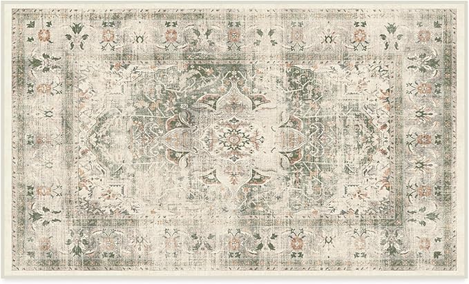 RUGGABLE Washable Vintage Area Rug – Sarrah Sage 3x5, Stain-Resistant, Non-Slip – Small Machine Washable Rugs for Living Room, Bedroom, Hallway, Entryway & Office–with Cushioned Pad