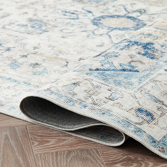 jinchan Area Rug 6x9 Washable Living Room Rug Vintage Indoor Large Floor Cover Distressed Lightweight Non-Slip Low Pile Thin Mat Accent Stain Resistant Carpet for Bedroom Dining Room Office Blue