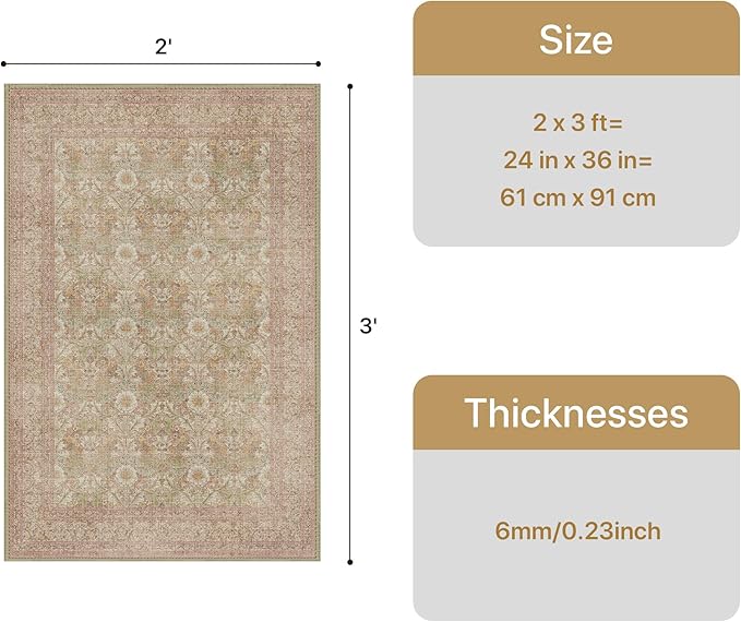 Bavni Small Throw 2x3 Vintage Floral Rug, Washable Non Slip Cute Area Rug for Entryway, Bedroom, Kitchen or Bathroom, Low Pile Carpet, Brown Pink